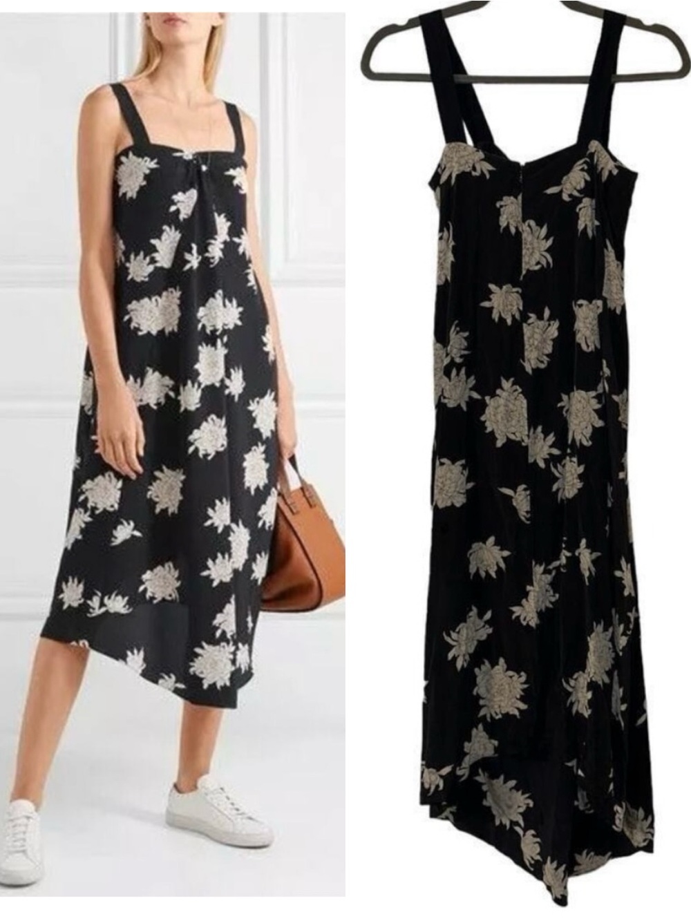 Vince 100% Silk Asymmetrical Cream Floral Midnight Blue Midi Dress XS Whimsical